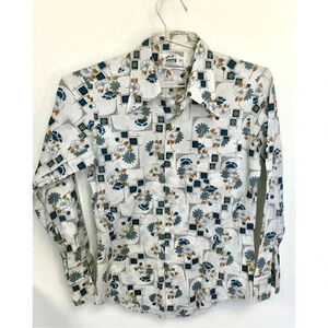 Vintage Montgomery Ward Boys Multi-Color Floral Print perl Button-Down Shirt Siz